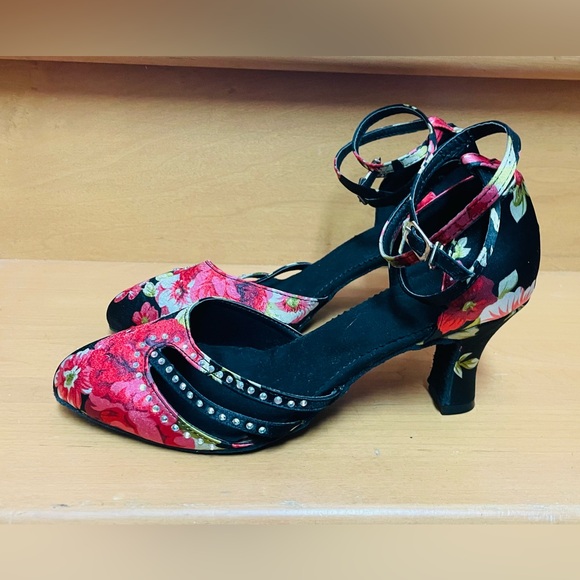 Print Floral Satin Ballroom Latin Dance Pumps Shoes - Picture 3 of 5